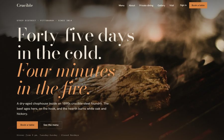 Desktop view of a restaurant booking site built as a demo: dark hero image with reservation call to action